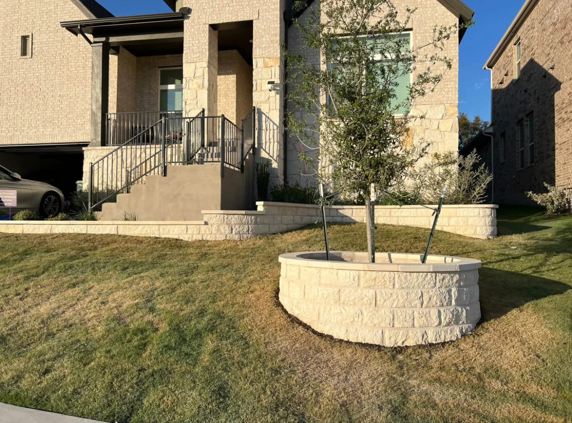 Stone masonry plant bases and decorative borders